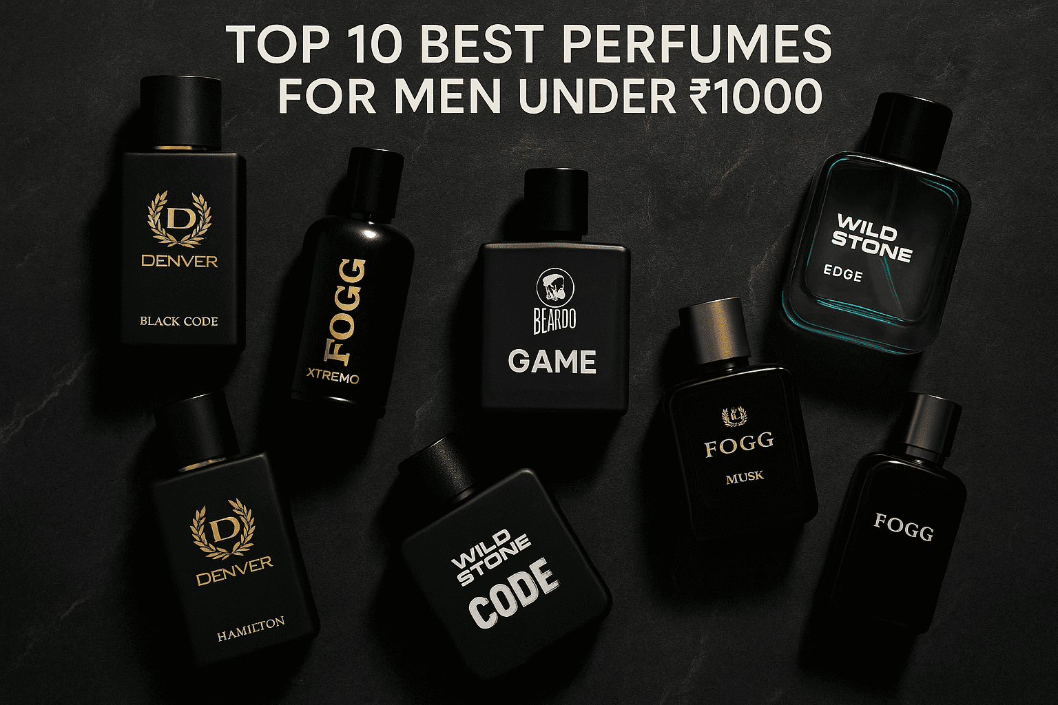 Best budget perfumes for men under ₹1000 in India – flat lay of affordable and stylish fragrance bottles by Indian brands like Fogg, Denver, Beardo, and Wild Stone