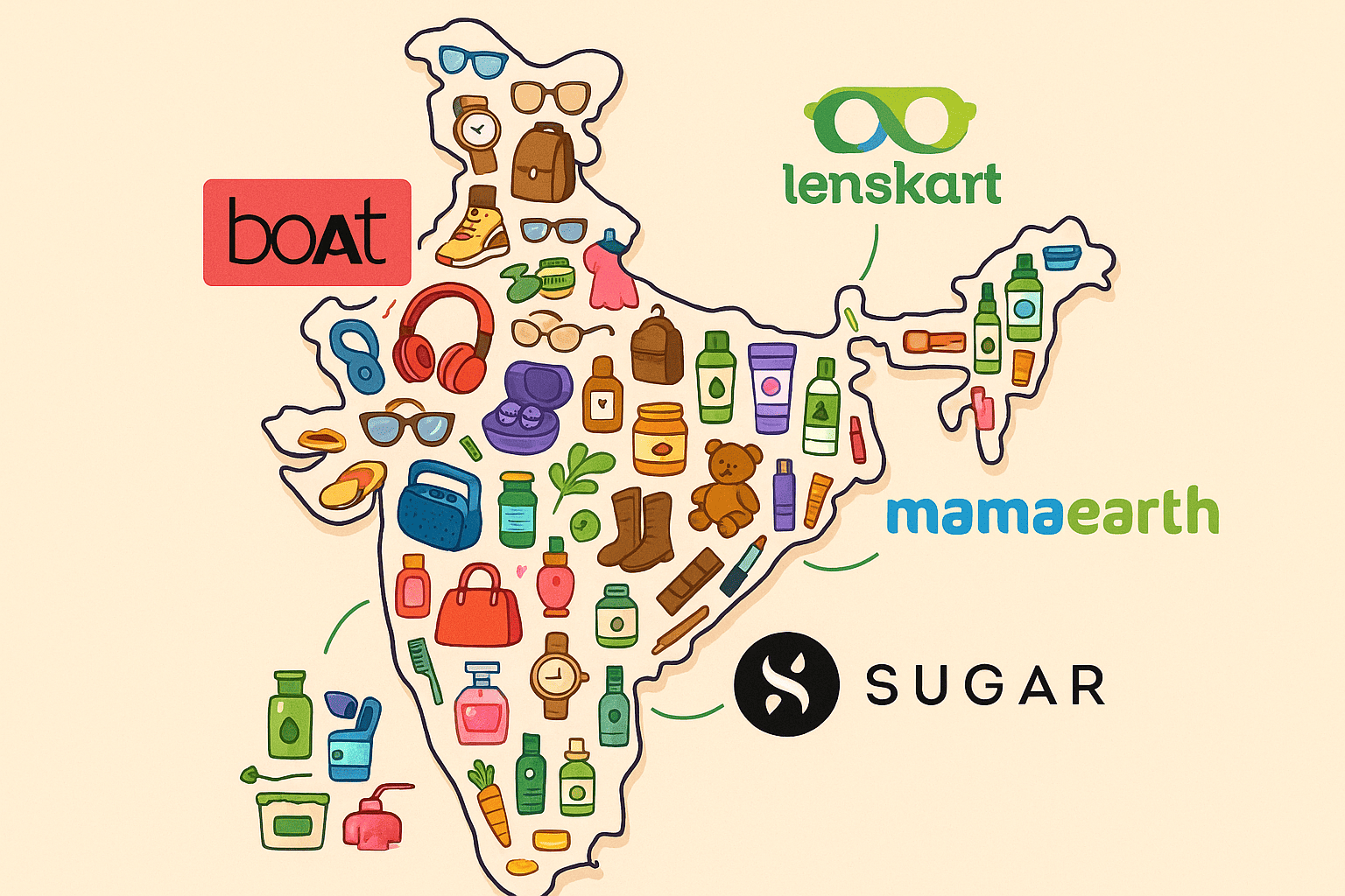 Map of India showing major D2C brands in India with logos and products highlighted in key cities