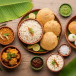 Flat-lay of assorted Farali food recipes including sabudana khichdi, rajgira poori, makhana kheer, kuttu pakoras, and coconut ladoos served in Indian thalis and clay bowls on a wooden table with banana leaves and chutney, with banner text "How to Make 10 Delicious Farali Food Recipes for Fasting Days (Step-by-Step Guide)".