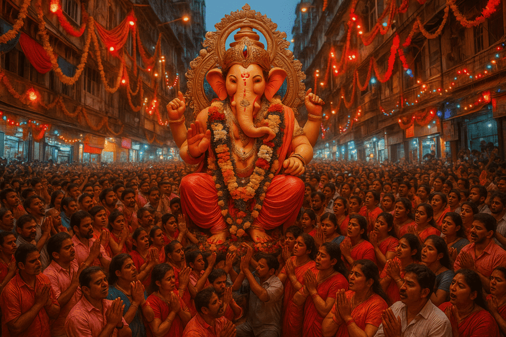 Lalbaugcha Raja idol surrounded by huge crowd during Mumbai Ganesh Chaturthi celebration, one of the biggest Ganesh Utsav celebrations in India
