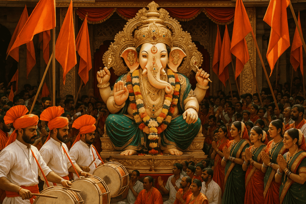Dagdusheth Halwai Ganpati idol decorated with flowers during Ganesh Chaturthi in Pune, known for biggest Ganesh Utsav celebrations in Maharashtra