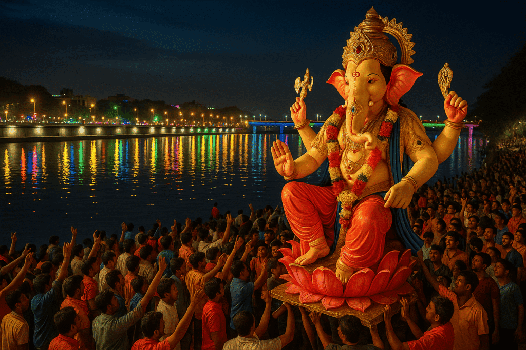 Devotees immersing Ganesh idol in Tapi River during Surat Ganesh Chaturthi, a growing center for biggest Ganesh Utsav celebrations in Gujarat