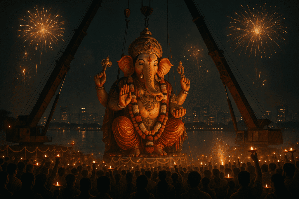 Massive Ganesh idol immersion at Hussain Sagar Lake in Hyderabad, showcasing biggest Ganesh Utsav celebrations in South India