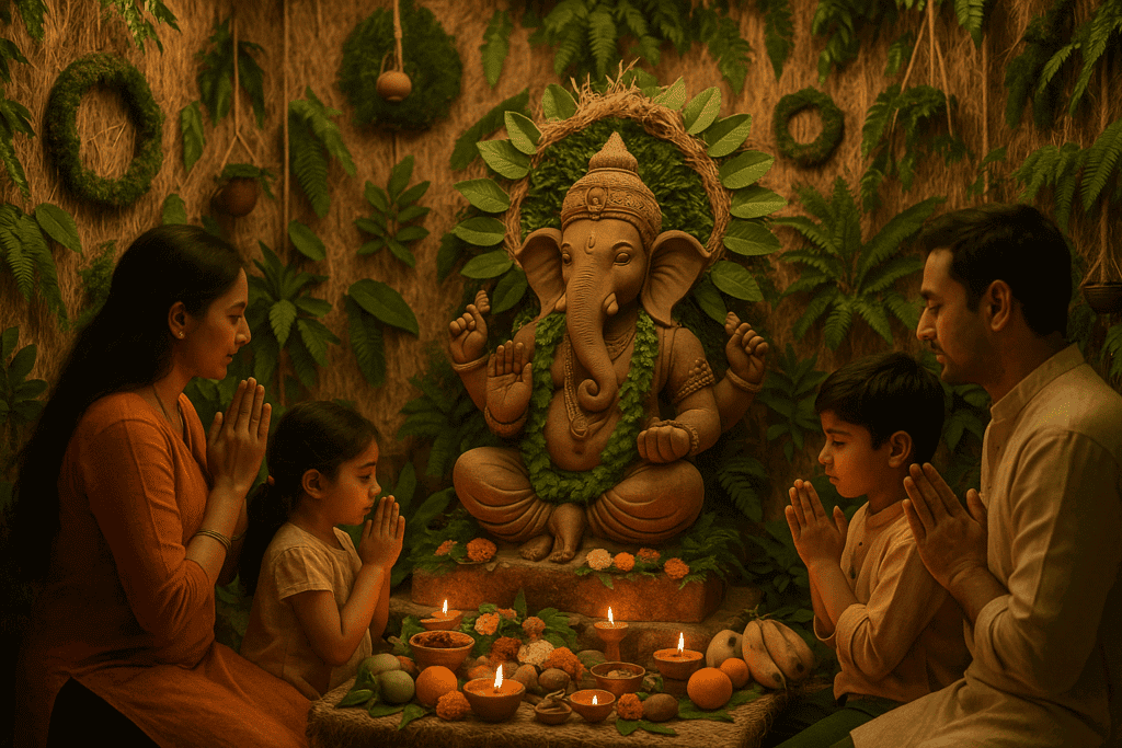 Eco-friendly Ganesh idol in themed pandal during Bengaluru Ganesh Chaturthi, promoting green celebrations in biggest Ganesh Utsav cities
