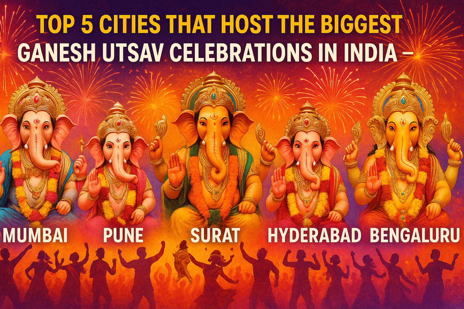 Blog banner showing biggest Ganesh Utsav celebrations in India with idols from Mumbai, Pune, Surat, Hyderabad, and Bengaluru in a festive background