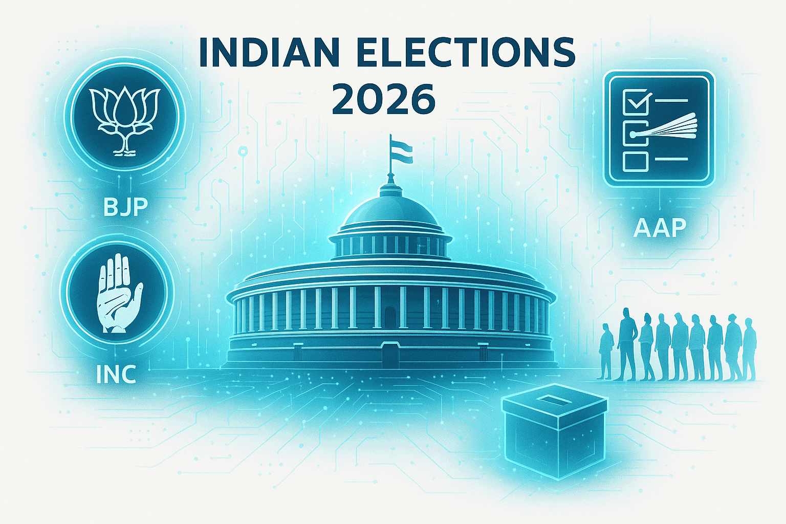 Futuristic Indian political landscape with Parliament building, digital holograms of BJP, Congress, AAP symbols, glowing election icons, and voters in line clean infographic style for 2026 Indian elections