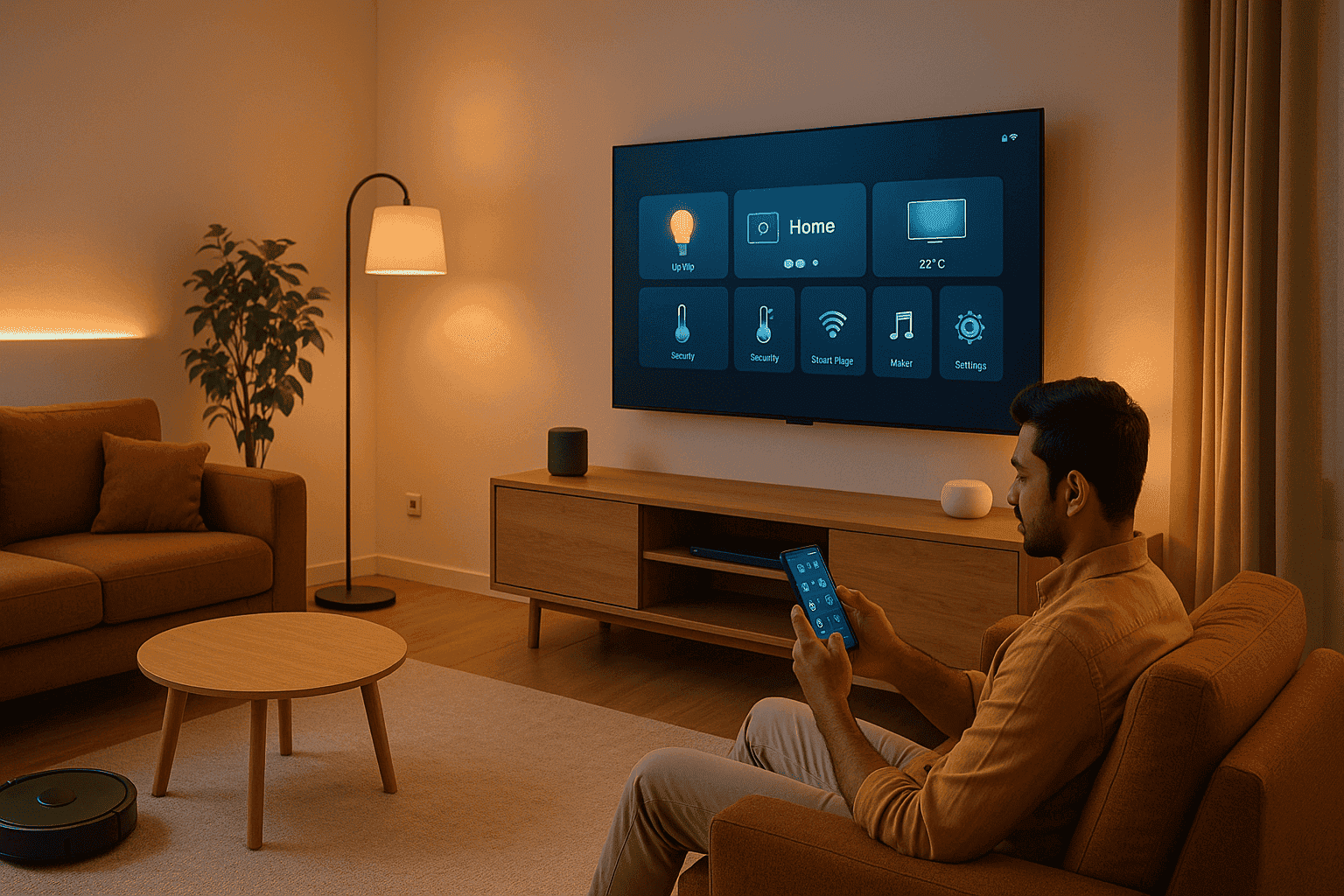 Smart home devices India in a modern Indian living room featuring smart speakers, ambient smart lights, robot vacuum cleaner, smart TV dashboard, and smartphone control app, representing smart lifestyle gadgets India and 2025 Indian tech consumer trends.