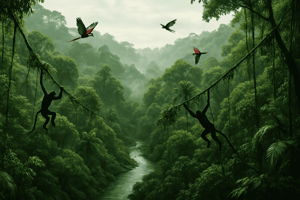 Aerial view of the Amazon Rainforest with dense green canopy and winding river