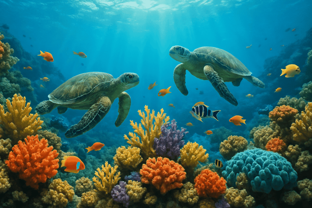 Colorful coral reef ecosystem with tropical fish and sea turtle underwater