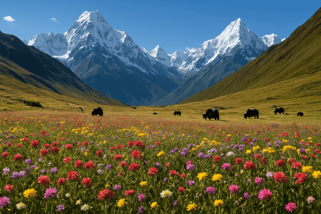 Himalayan alpine meadow with blooming flowers and snow-covered mountains