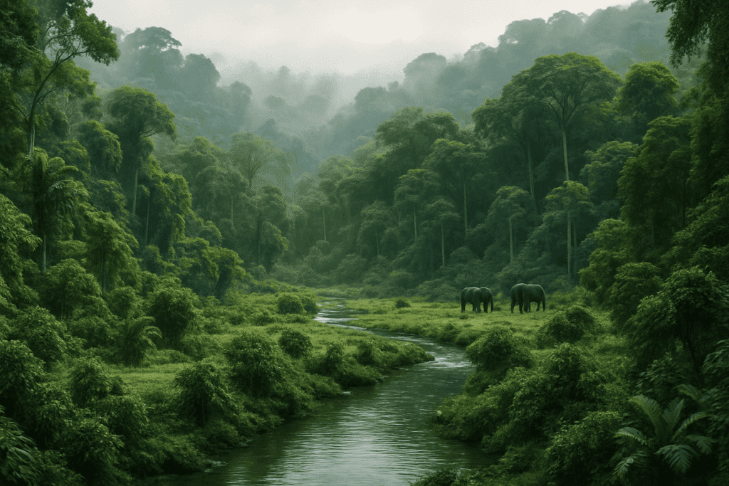 Congo Basin rainforest with tropical vegetation and elephants in the background