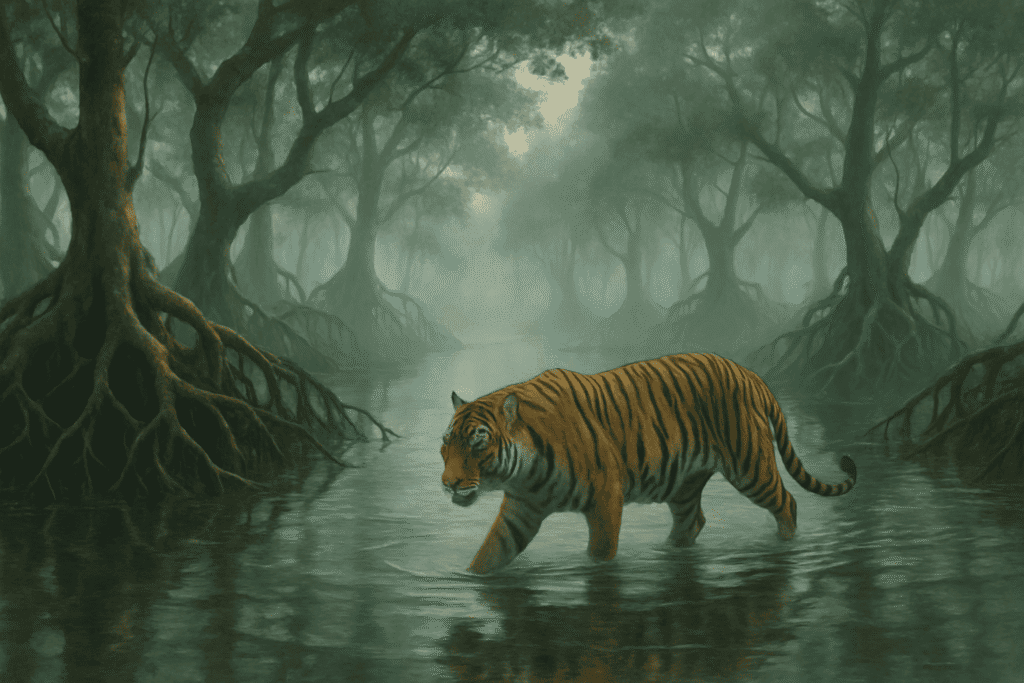 Sundarbans mangrove forest with Bengal tiger walking in water at sunrise