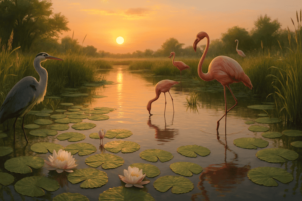 Everglades wetland scene with flamingos and water lilies during sunset