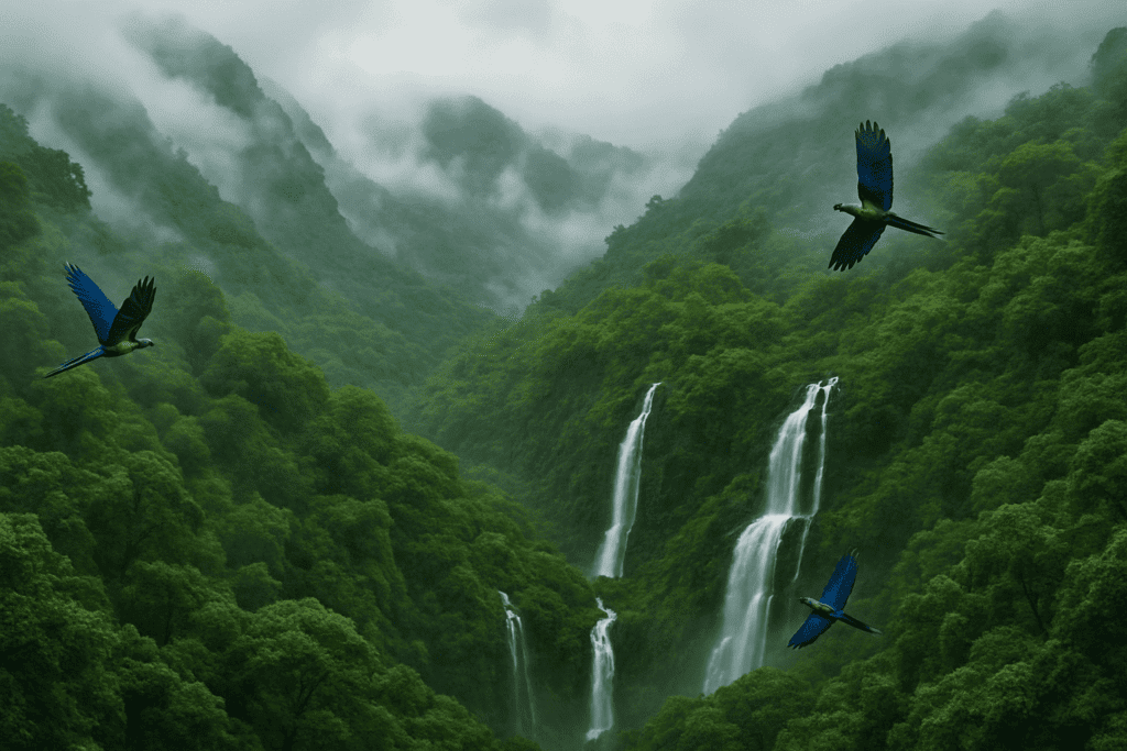 Western Ghats rainforest with waterfalls and fog-covered green hills