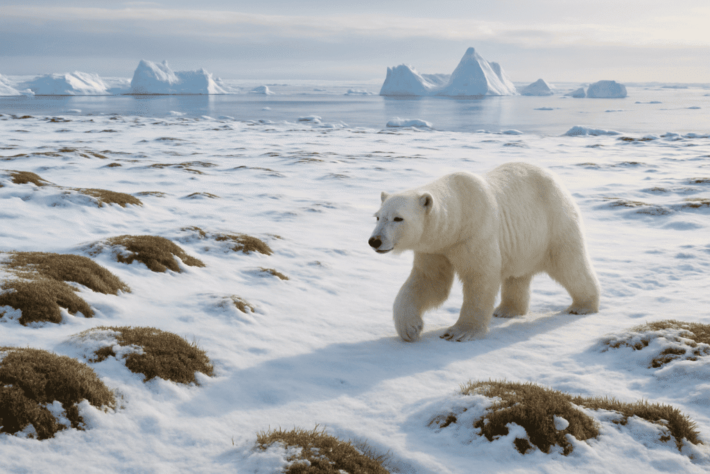 Arctic tundra with polar bear on snow and ice-covered terrain