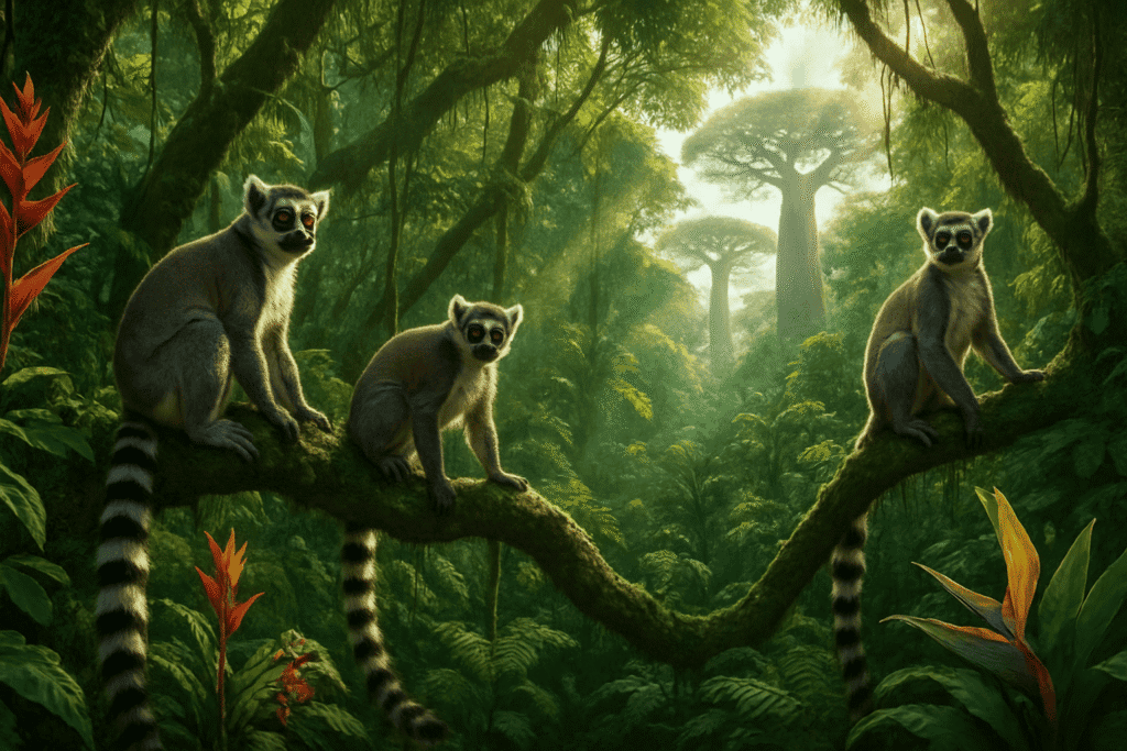 Madagascar rainforest with lemurs in trees and tropical jungle foliage