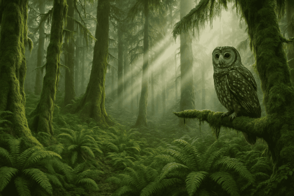 Pacific Northwest rainforest with tall mossy trees and soft morning light
