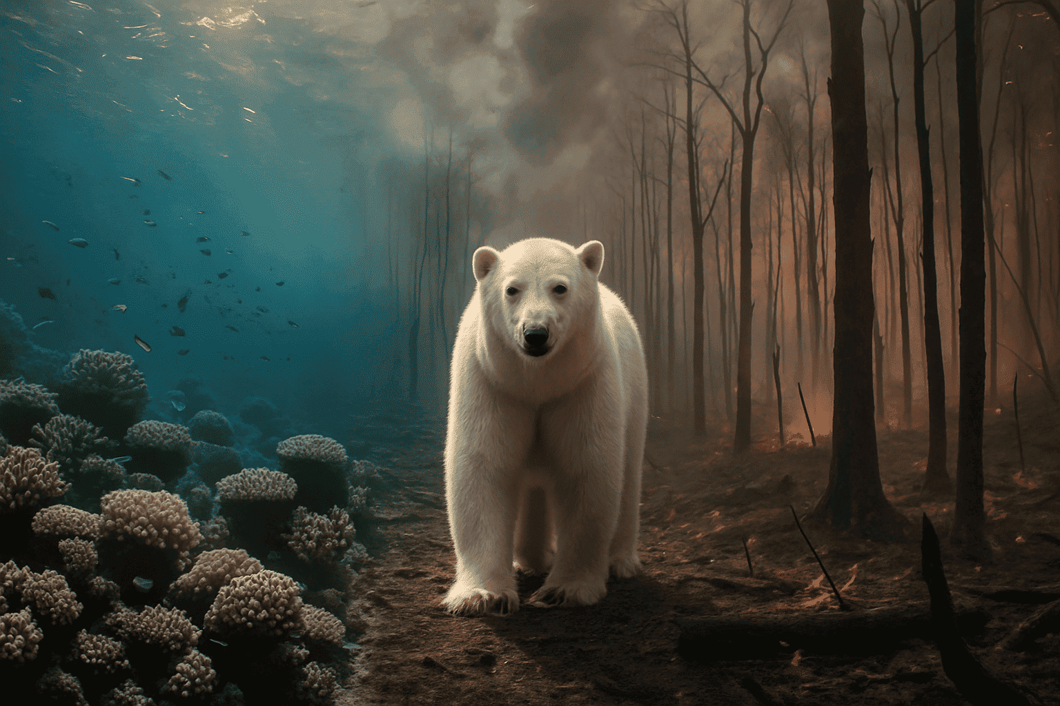 Great Barrier Reef and Amazon forest contrast with endangered animal in focus