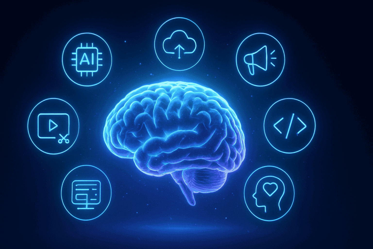 a blue glowing brain with many icons around it