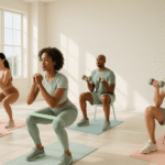 Bright modern fitness studio with diverse men and women performing low impact exercises including resistance band squats, glute bridges, and seated dumbbell curls in natural sunlight
