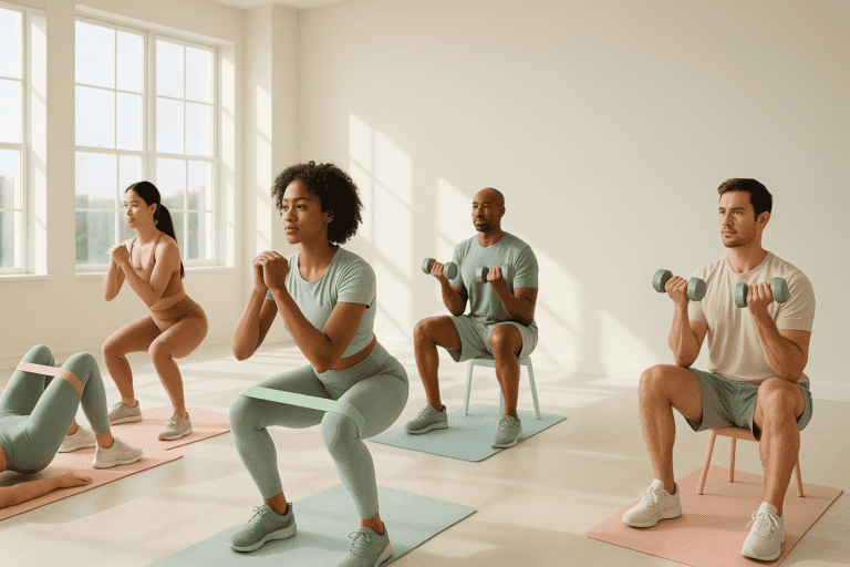 Bright modern fitness studio with diverse men and women performing low impact exercises including resistance band squats, glute bridges, and seated dumbbell curls in natural sunlight