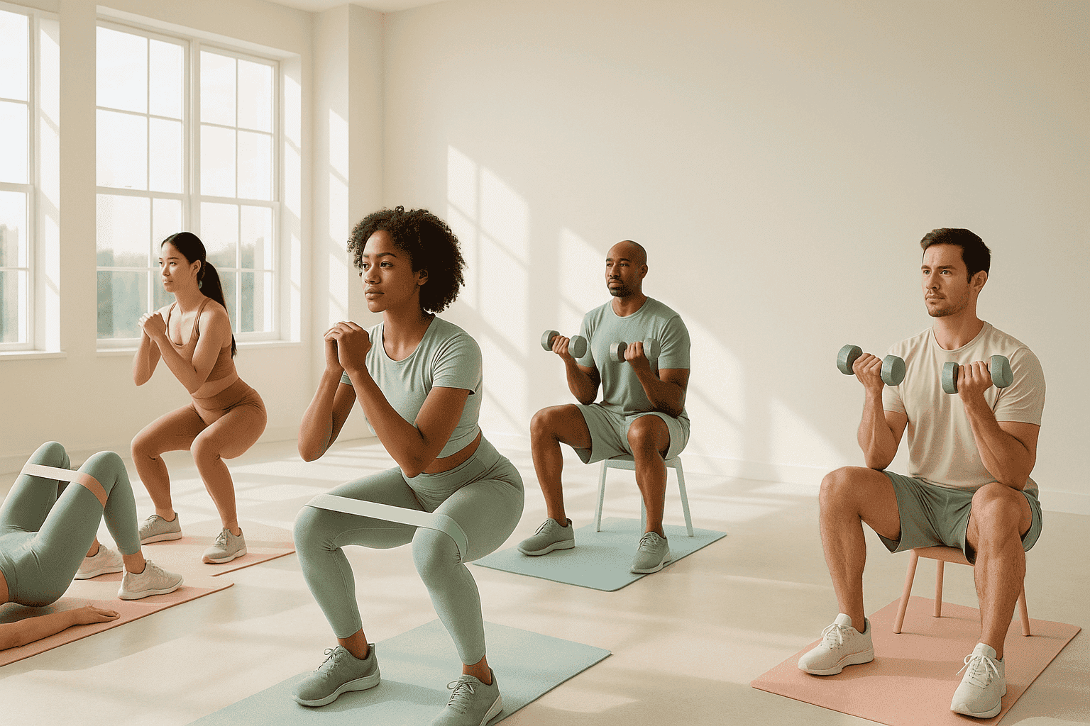 Bright modern fitness studio with diverse men and women performing low impact exercises including resistance band squats, glute bridges, and seated dumbbell curls in natural sunlight