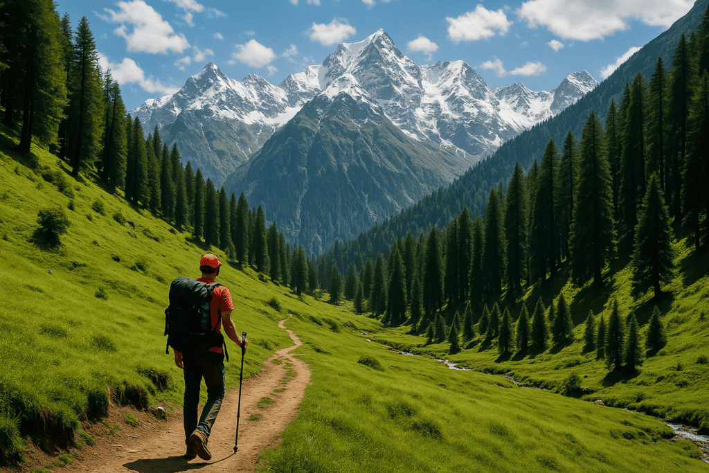 Solo trekker hiking through lush green meadows and alpine forests on Hampta Pass Trek in Himachal Pradesh with snow-capped Himalayan peaks in the background.