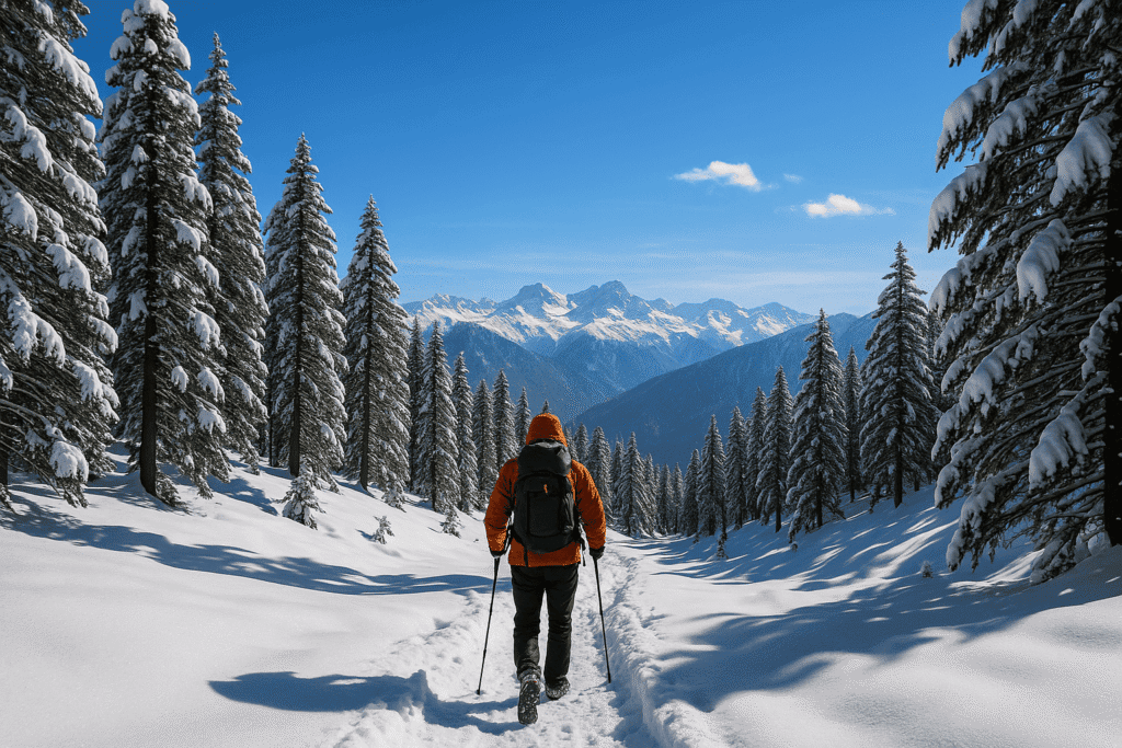 Solo hiker trekking on one of the best solo trekking routes in the Himalayas at Kedarkantha, Uttarakhand in winter.