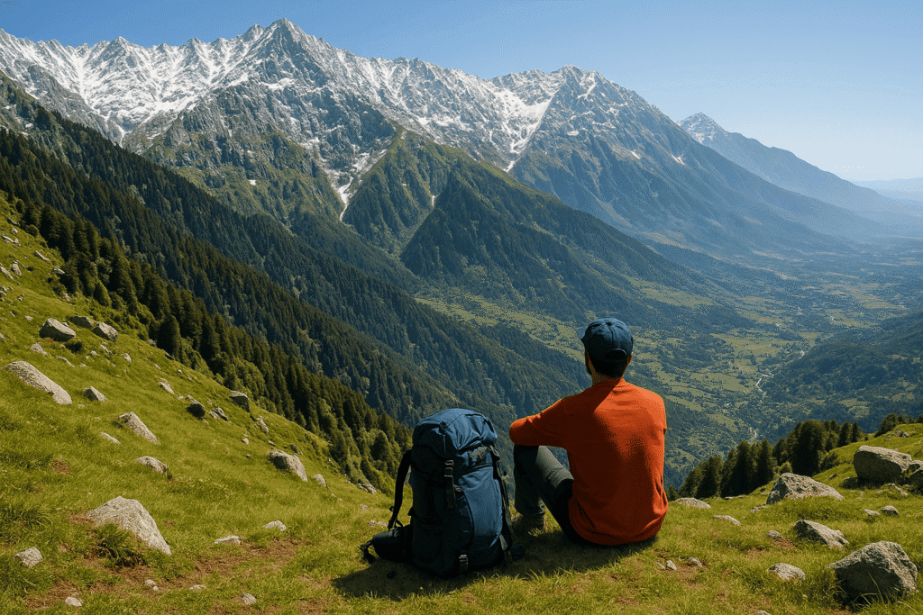 Solo trekker resting on hilltop enjoying panoramic views of Dhauladhar mountain range and Kangra Valley during Triund Trek in Himachal Pradesh.