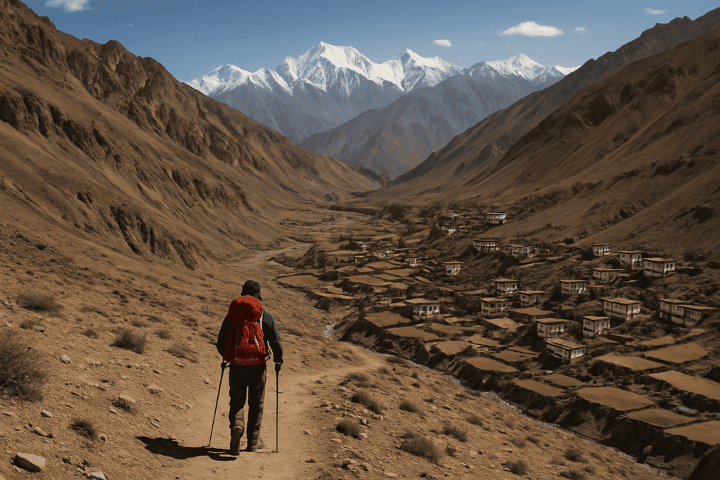 Lone trekker walking through barren high-altitude landscapes with traditional Ladakhi villages and snow-capped peaks visible at Markha Valley Trek in Ladakh.
