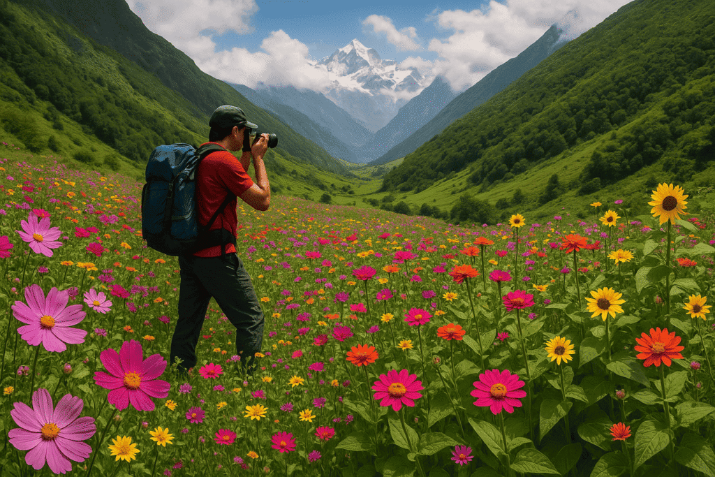 Solo trekker photographing vibrant alpine flowers in the Valley of Flowers with Himalayan peaks in the background in Uttarakhand.