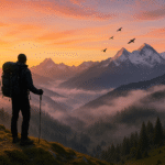 Solo trekker standing on a high Himalayan ridge at sunrise, overlooking snow-capped peaks, alpine meadows, and deep valleys, symbolizing adventure and solitude.