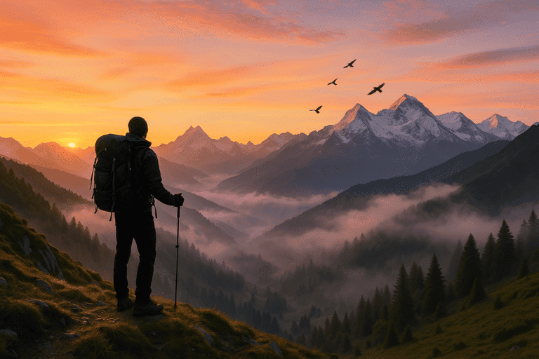 Solo trekker standing on a high Himalayan ridge at sunrise, overlooking snow-capped peaks, alpine meadows, and deep valleys, symbolizing adventure and solitude.