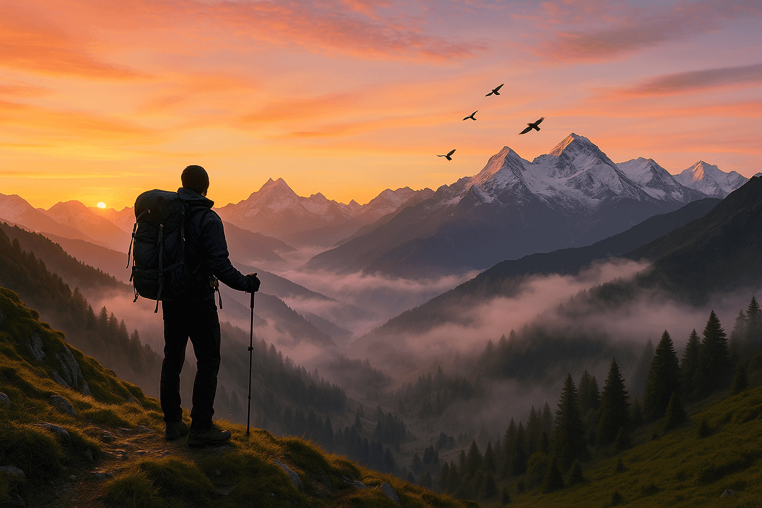 Solo trekker standing on a high Himalayan ridge at sunrise, overlooking snow-capped peaks, alpine meadows, and deep valleys, symbolizing adventure and solitude.