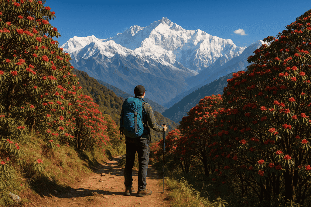Solo trekker hiking through rhododendron forests with Kangchenjunga peak visible at Goechala Trek in Sikkim.